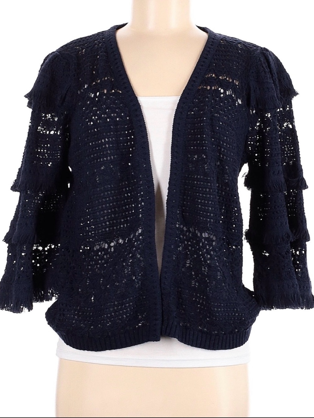 Chicos Navy Cardigan Fringe tiered -Open Front Crochet Sweater Blue 1 = fits M